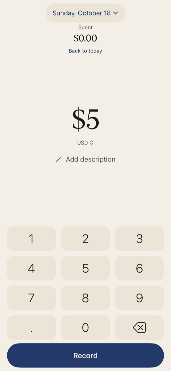 Recording $5 on Sunday, October 18, with Back to today beneath the date