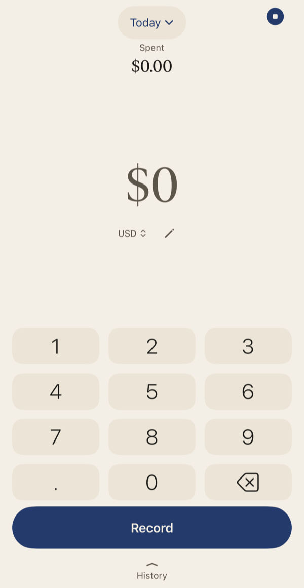 Dearly’s recording screen: Today, spent $0.00, a number pad and a Record button