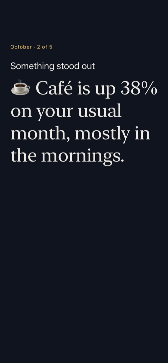 A review slide: October, 2 of 5. Something stood out: Café is up 38% on your usual month, mostly in the mornings